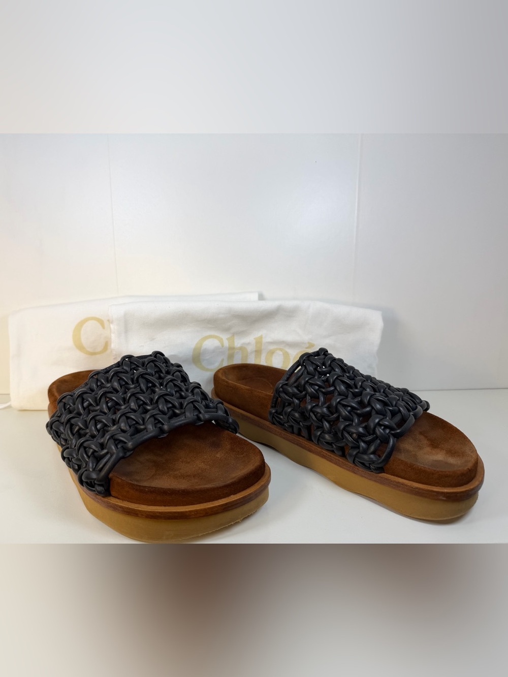Chloé Woven Leather Slide Sandals in Black and Brown